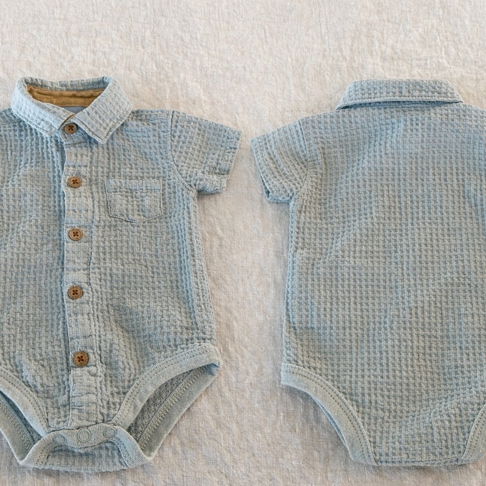 Little Lad Blue Textured Button-Up Bodysuit Romper 6–9M